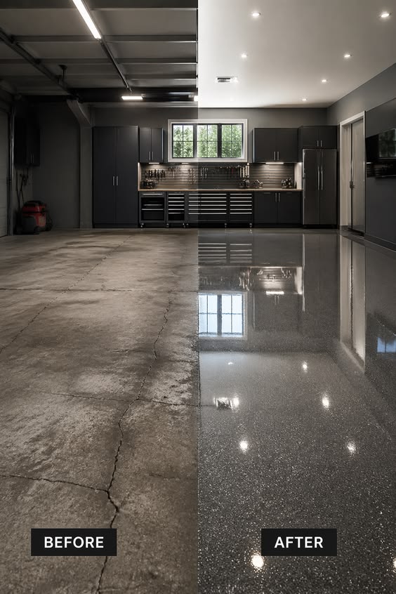 Garage floor before and after a high-gloss flake coating installation