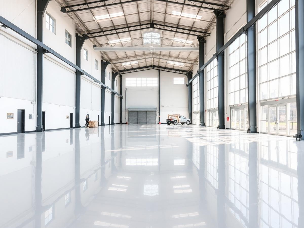 Commercial warehouse showroom with a high-gloss epoxy floor