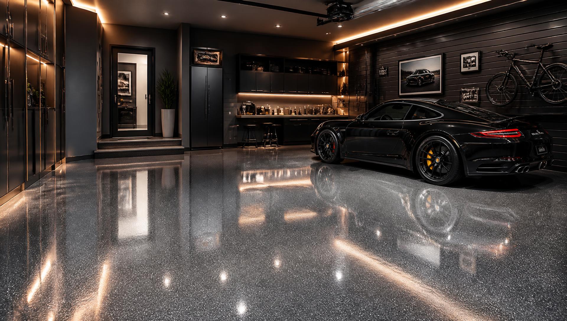 Luxury garage with a high-gloss metallic flake epoxy floor