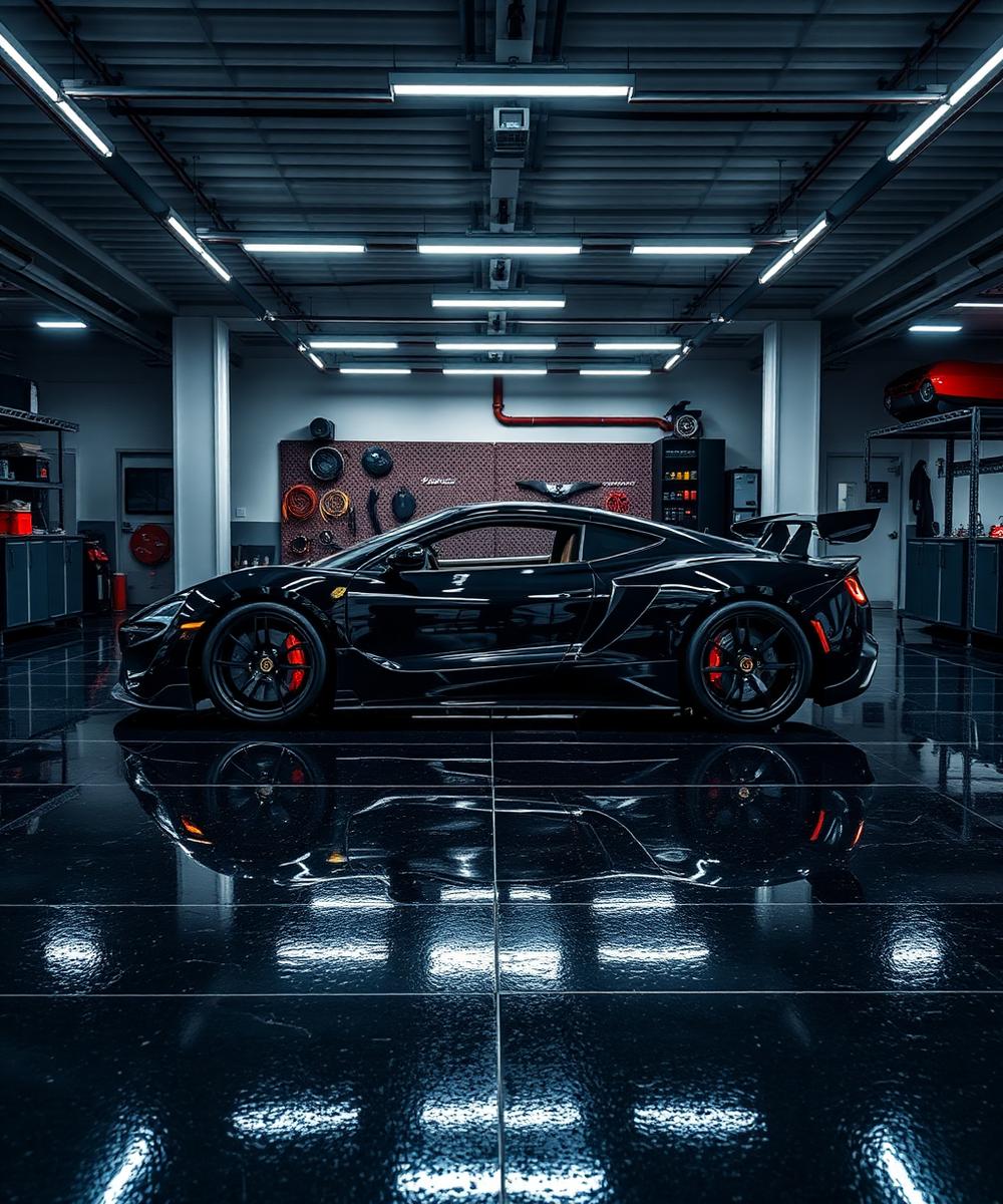 Luxury garage with a black high-gloss epoxy floor
