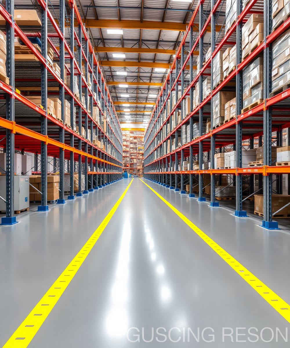Industrial warehouse aisle with a coated concrete floor