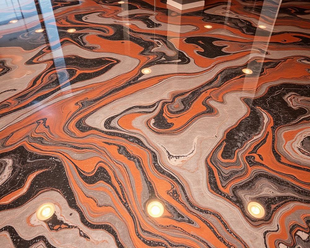 Marbled metallic epoxy floor with copper swirls