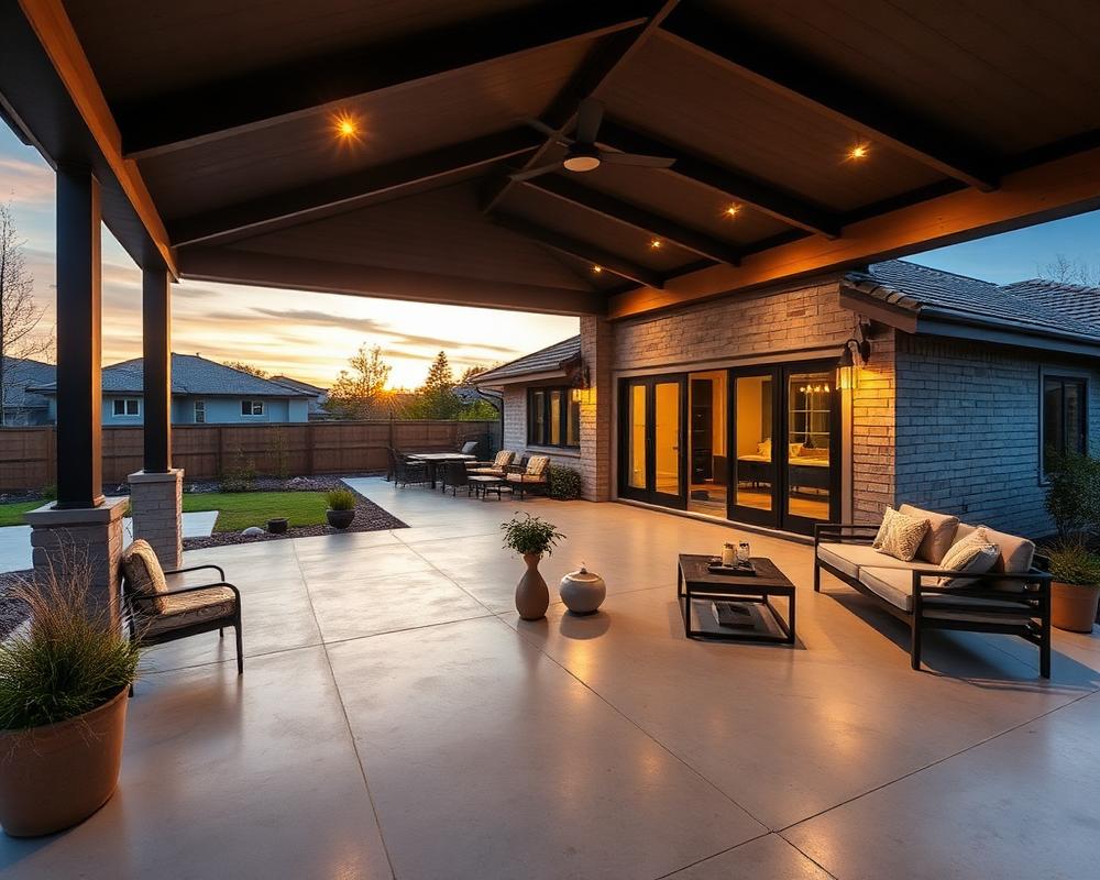 Covered patio with a coated concrete floor at sunset