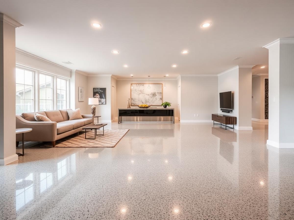 Finished basement with a light flake epoxy floor