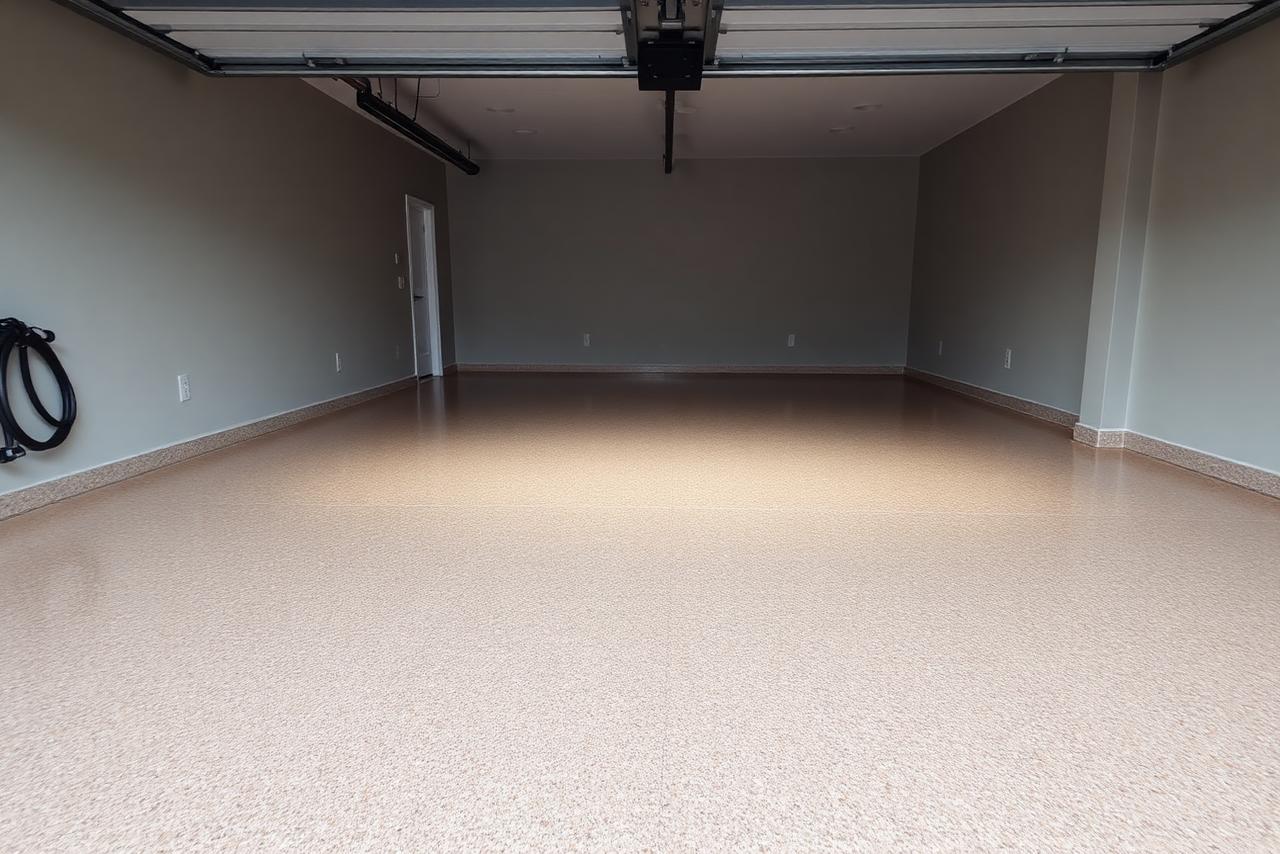 Two-car garage finished with a warm neutral decorative flake coating